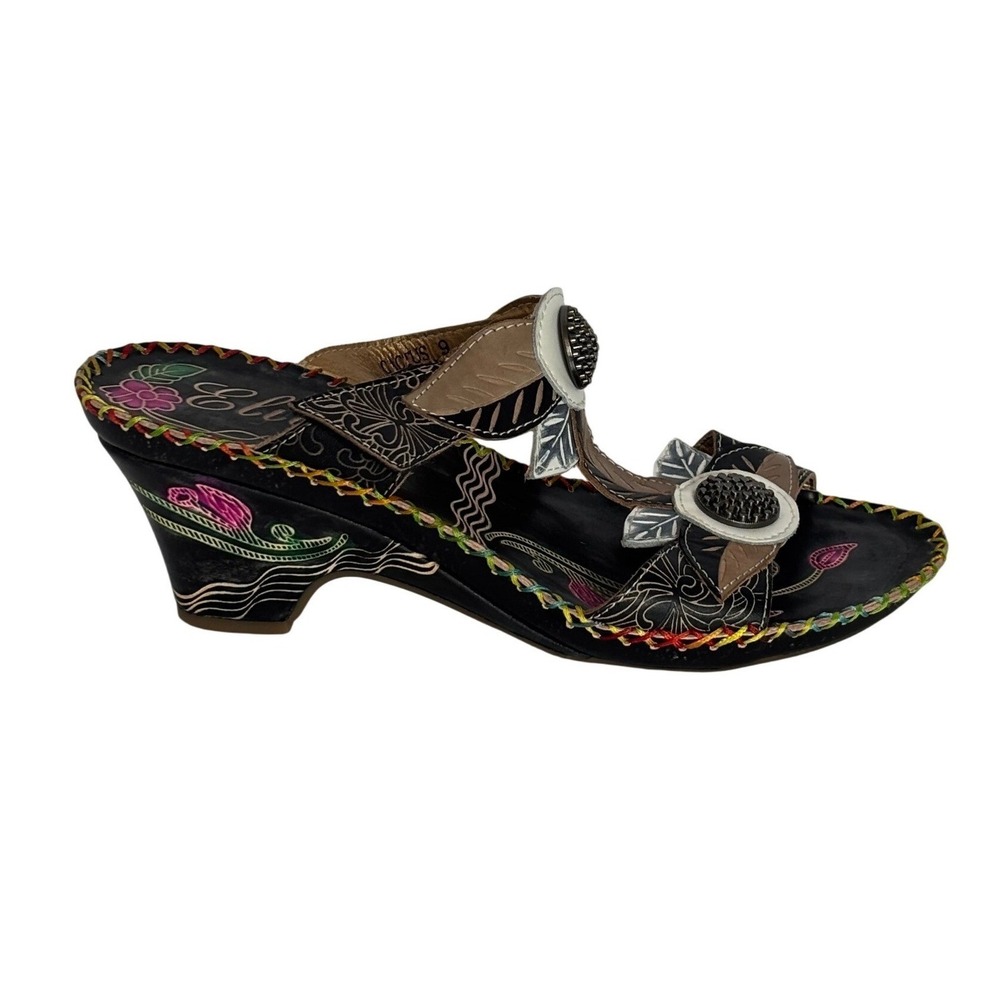 Elite‎ by Corkys Cactus Floral Leather Wedge Sandals Black Art US 9 EU 39
